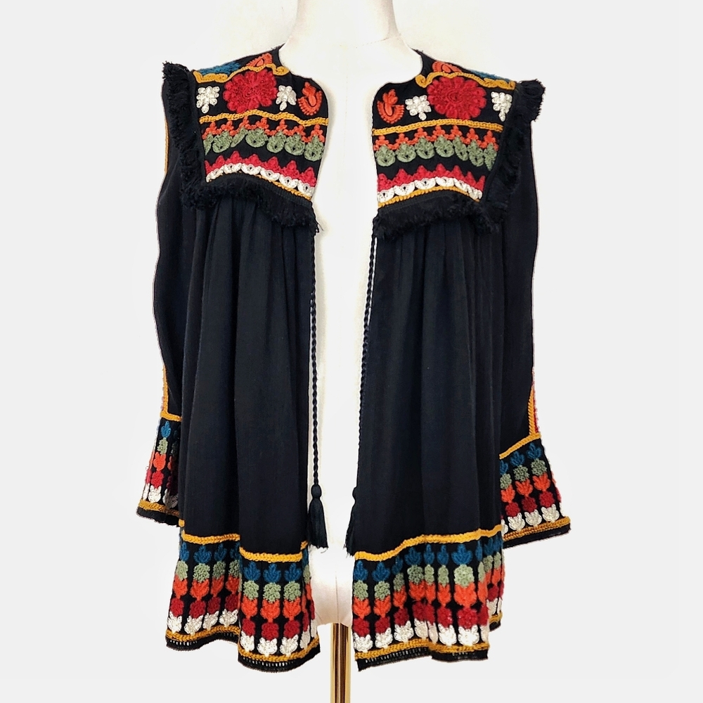 Zara Trafaluc Embroidered Open Jacket Small Black With Red Green Orange Boho